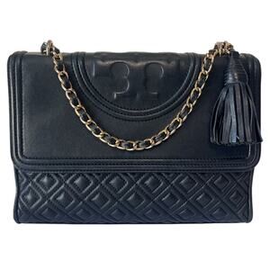 Tory Burch Fleming Leather Convertible Shoulder Bag Crossbody Black Quilted
